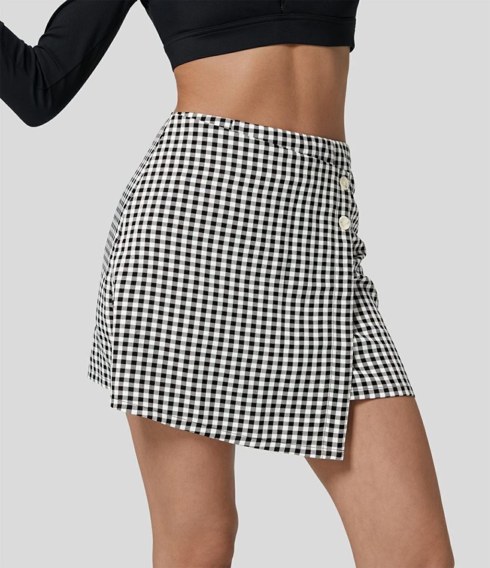 High Waisted Button Wrap Invisible Zipper 2-in-1 Gingham A Line Mini Casual Skirt  | Womens  Mini Skirts Clothing Black White Gingham/Green White Checkered