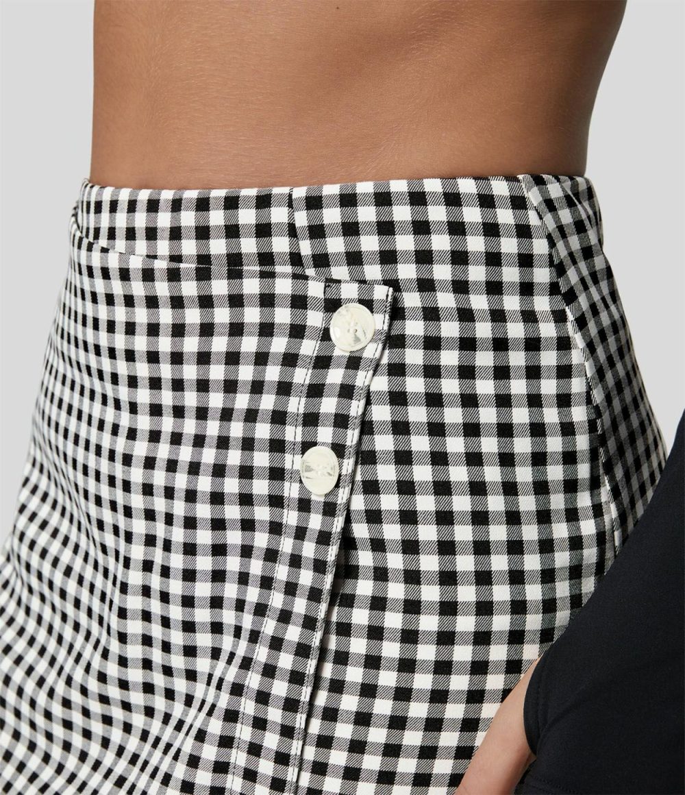 High Waisted Button Wrap Invisible Zipper 2-in-1 Gingham A Line Mini Casual Skirt  | Womens  Mini Skirts Clothing Black White Gingham/Green White Checkered