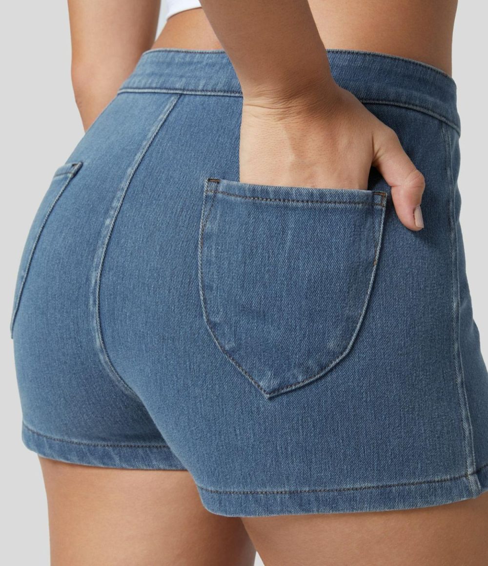 High Waisted Button Zipper Back Pocket Stretchy Knit Denim Casual Shorts 2”  | Womens  Denim Shorts Clothing Denim Shorts