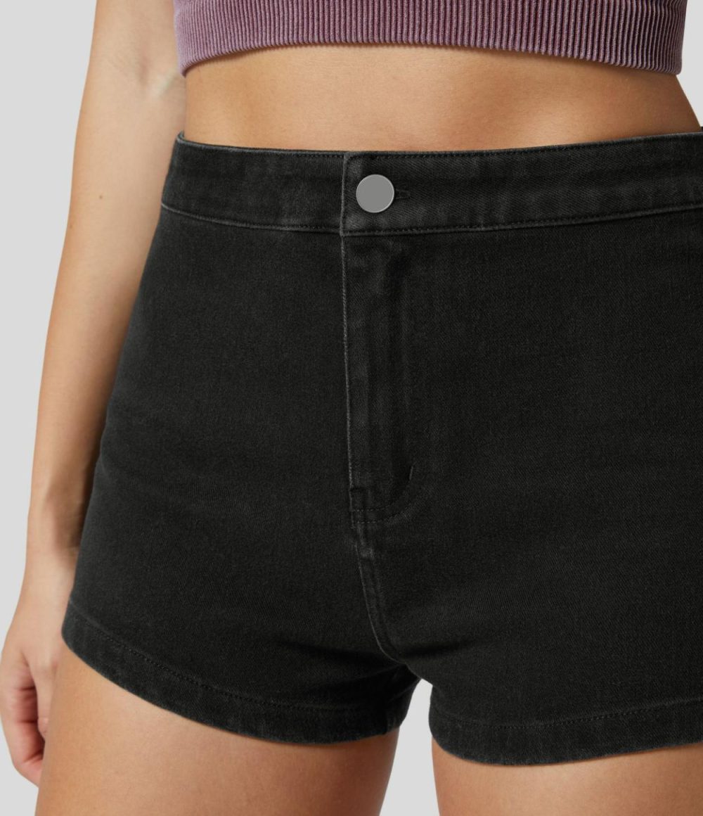 High Waisted Button Zipper Back Pocket Stretchy Knit Denim Casual Shorts 2”  | Womens  Denim Shorts Clothing Denim Shorts