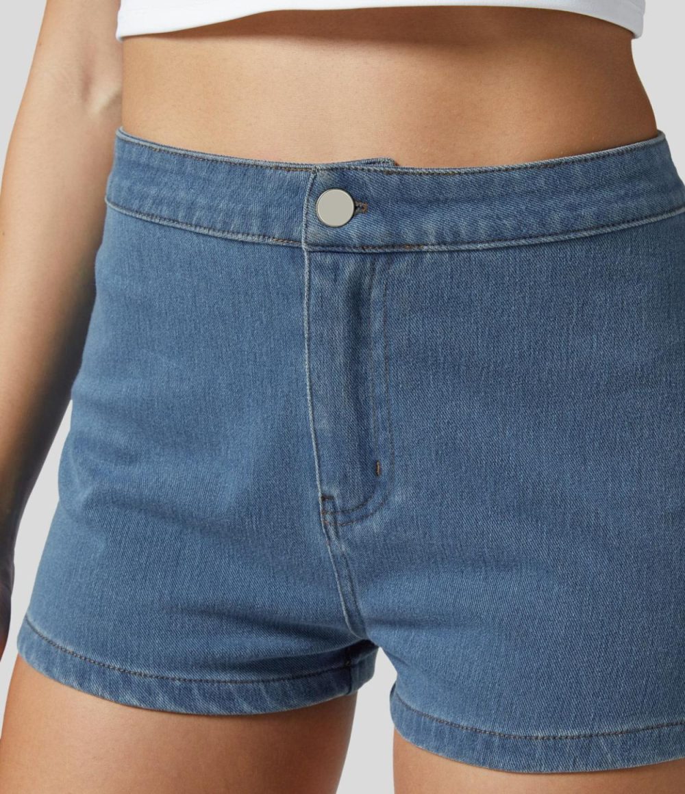 High Waisted Button Zipper Back Pocket Stretchy Knit Denim Casual Shorts 2”  | Womens  Denim Shorts Clothing Denim Shorts