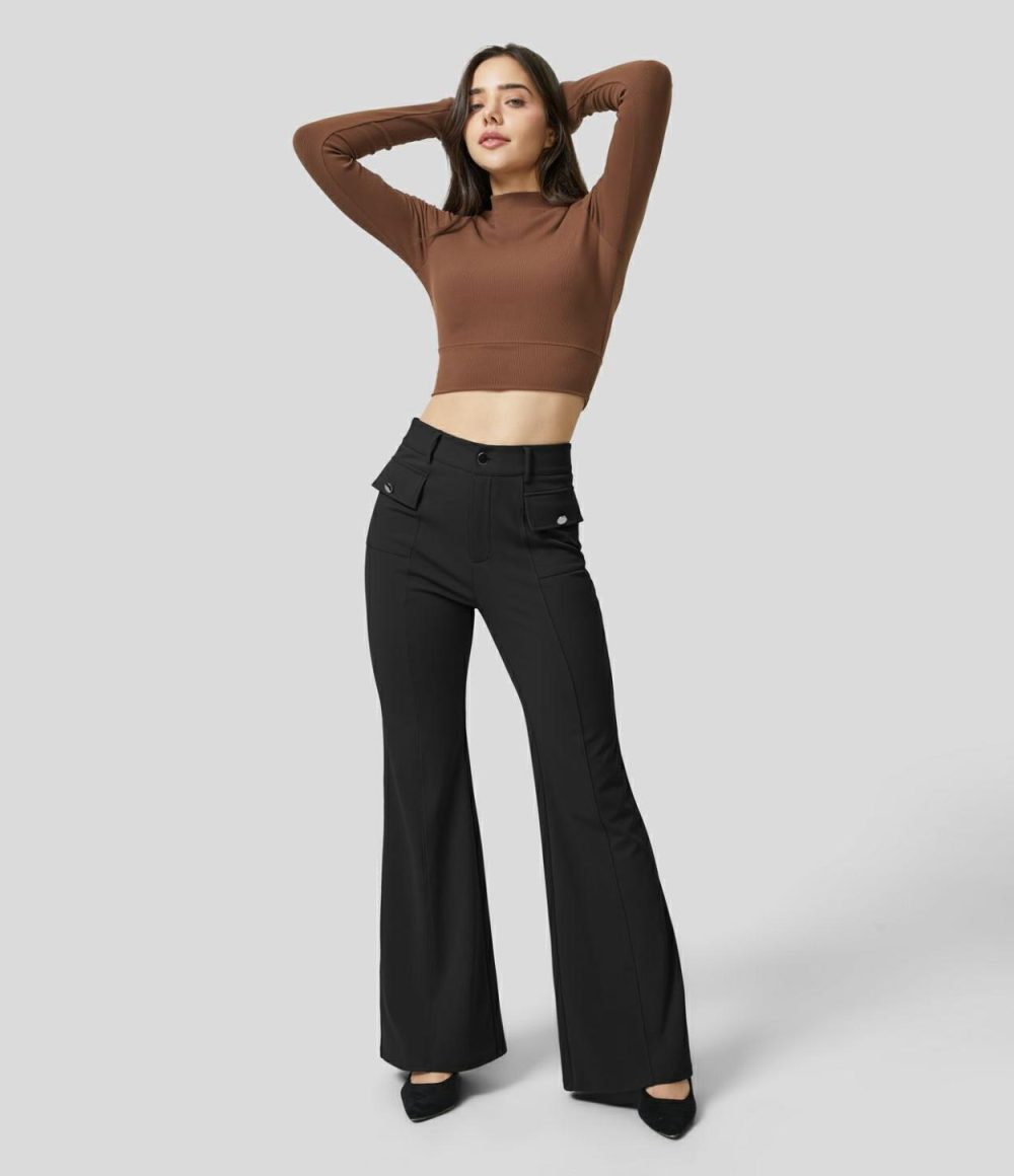 High Waisted Button Zipper Flap Pocket Work Flare Pants  | Womens  Active Work Pants Active Work Pants Active Work Pants