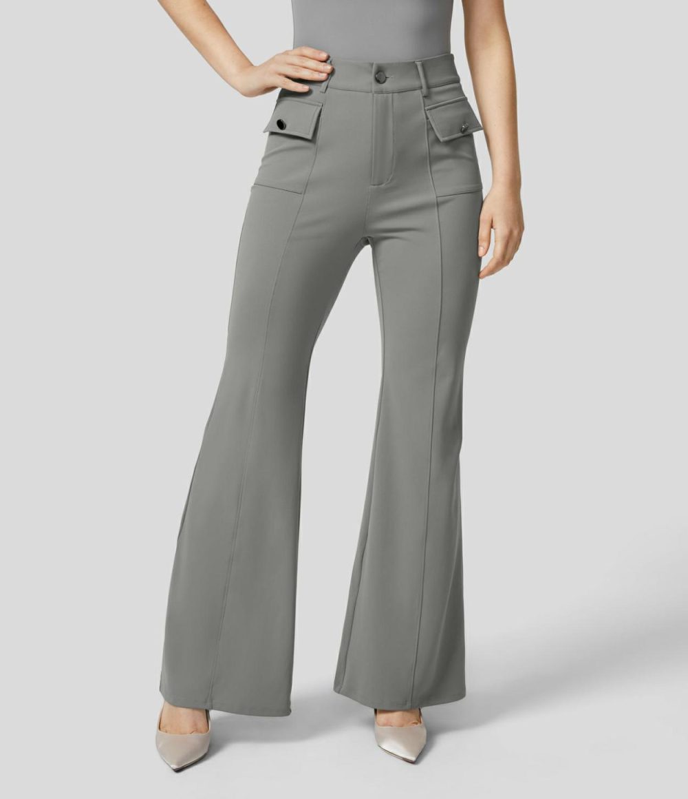 High Waisted Button Zipper Flap Pocket Work Flare Pants  | Womens  Active Work Pants Active Work Pants Active Work Pants