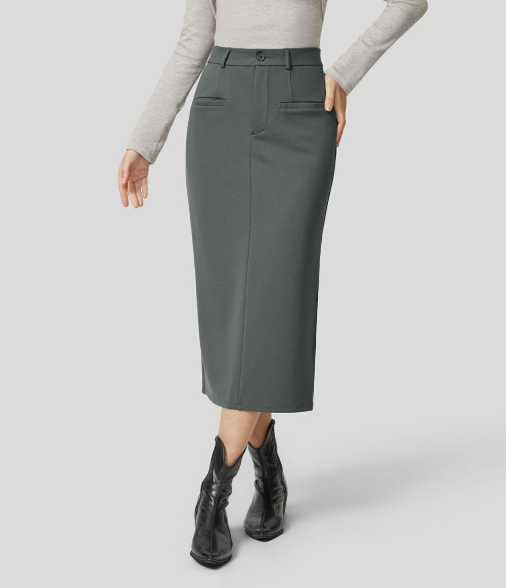 High Waisted Button Zipper Front Side Pocket Split Bodycon Midi Work Skirt  | Womens  Everyday Skirts Clothing Everyday Skirts