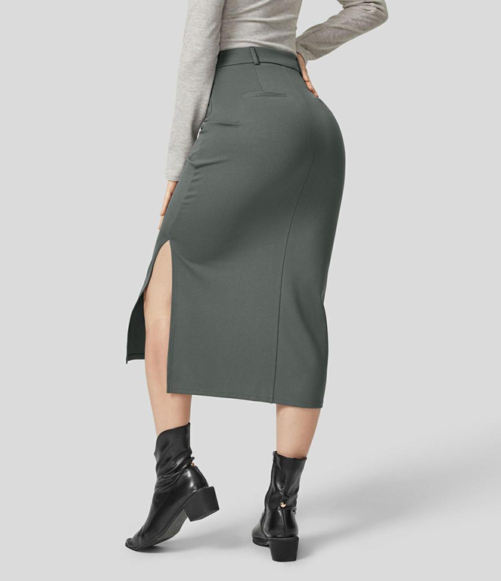 High Waisted Button Zipper Front Side Pocket Split Bodycon Midi Work Skirt  | Womens  Everyday Skirts Clothing Everyday Skirts