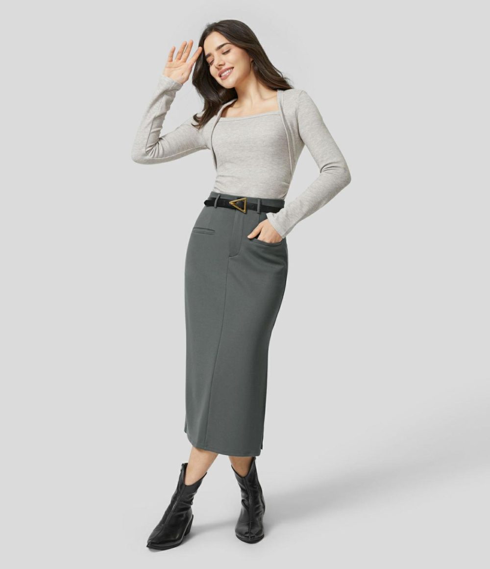 High Waisted Button Zipper Front Side Pocket Split Bodycon Midi Work Skirt  | Womens  Everyday Skirts Clothing Everyday Skirts