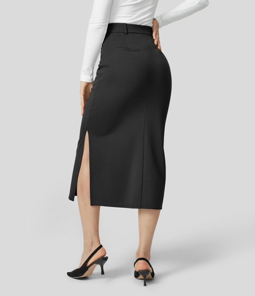 High Waisted Button Zipper Front Side Pocket Split Bodycon Midi Work Skirt  | Womens  Everyday Skirts Clothing Everyday Skirts