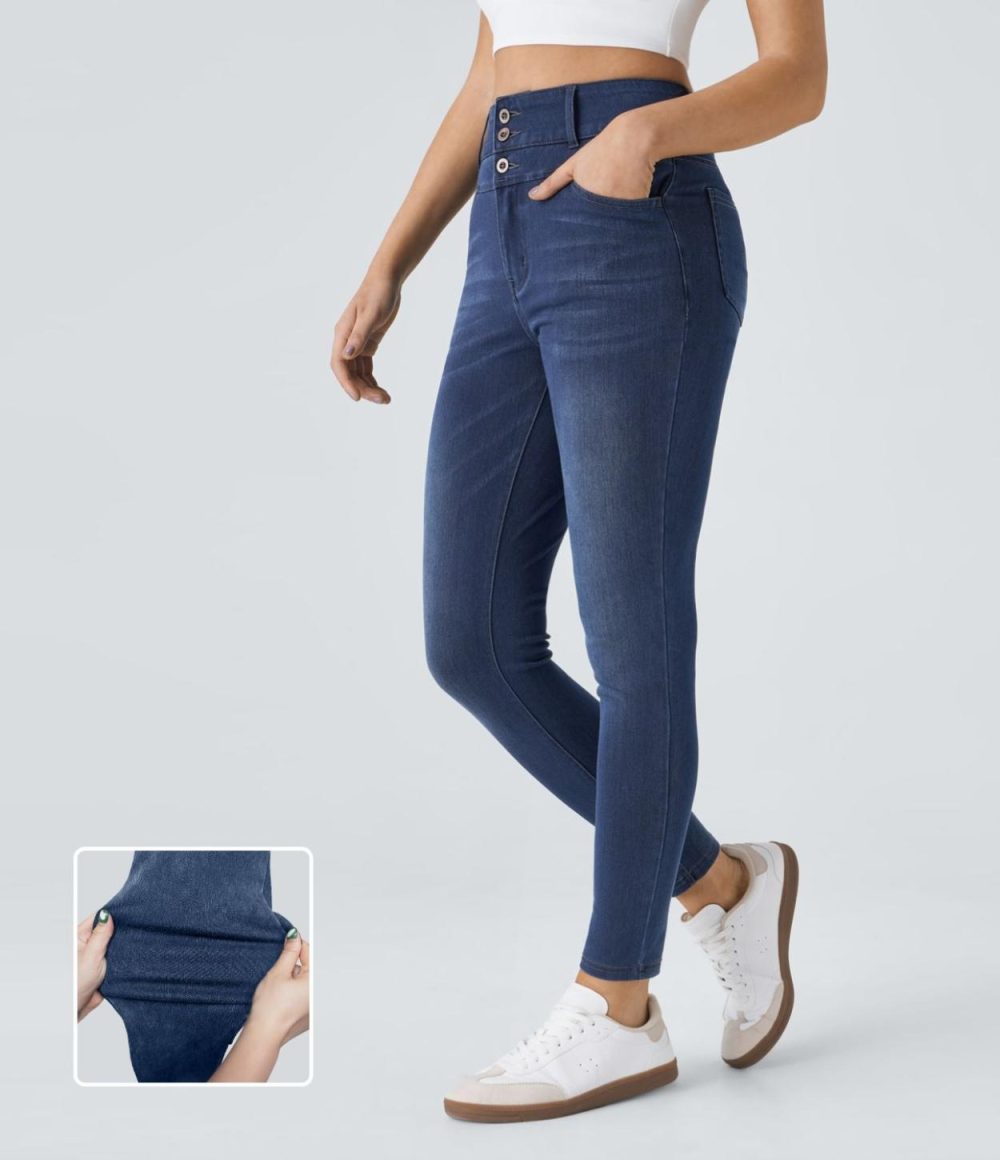 High Waisted Button Zipper Multiple Pockets Stretchy Knit Casual Skinny Jeans  | Womens  Denim Shorts Clothing Bright Blue Denim/Deep Well Blue Denim/Mayan Blue Denim/Dirty Grey Black Denim/Washed Denim Bleached Blue/Royal Blue Denim/Ice Layer Denim/Carbon Paint Denim/Washed Denim Sunny Blue