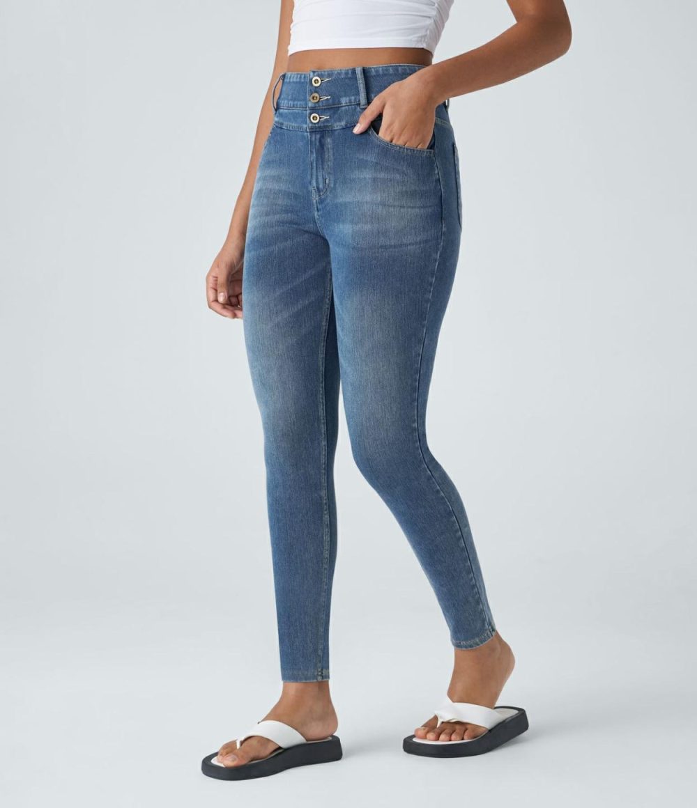 High Waisted Button Zipper Multiple Pockets Stretchy Knit Casual Skinny Jeans  | Womens  Denim Shorts Clothing Bright Blue Denim/Deep Well Blue Denim/Mayan Blue Denim/Dirty Grey Black Denim/Washed Denim Bleached Blue/Royal Blue Denim/Ice Layer Denim/Carbon Paint Denim/Washed Denim Sunny Blue