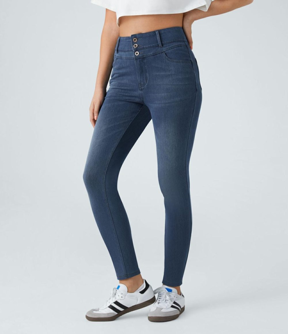 High Waisted Button Zipper Multiple Pockets Stretchy Knit Casual Skinny Jeans  | Womens  Denim Shorts Clothing Bright Blue Denim/Deep Well Blue Denim/Mayan Blue Denim/Dirty Grey Black Denim/Washed Denim Bleached Blue/Royal Blue Denim/Ice Layer Denim/Carbon Paint Denim/Washed Denim Sunny Blue