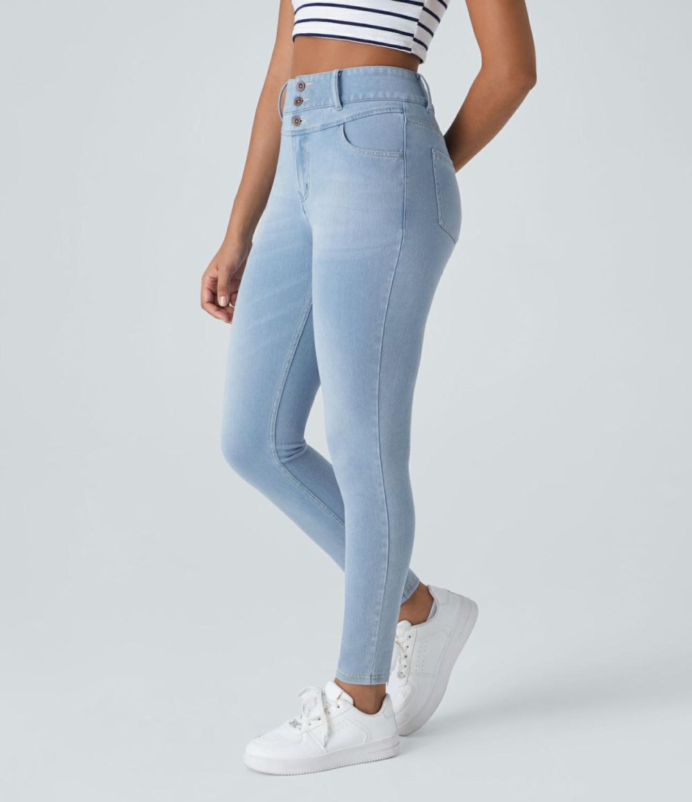 High Waisted Button Zipper Multiple Pockets Stretchy Knit Casual Skinny Jeans  | Womens  Denim Shorts Clothing Bright Blue Denim/Deep Well Blue Denim/Mayan Blue Denim/Dirty Grey Black Denim/Washed Denim Bleached Blue/Royal Blue Denim/Ice Layer Denim/Carbon Paint Denim/Washed Denim Sunny Blue