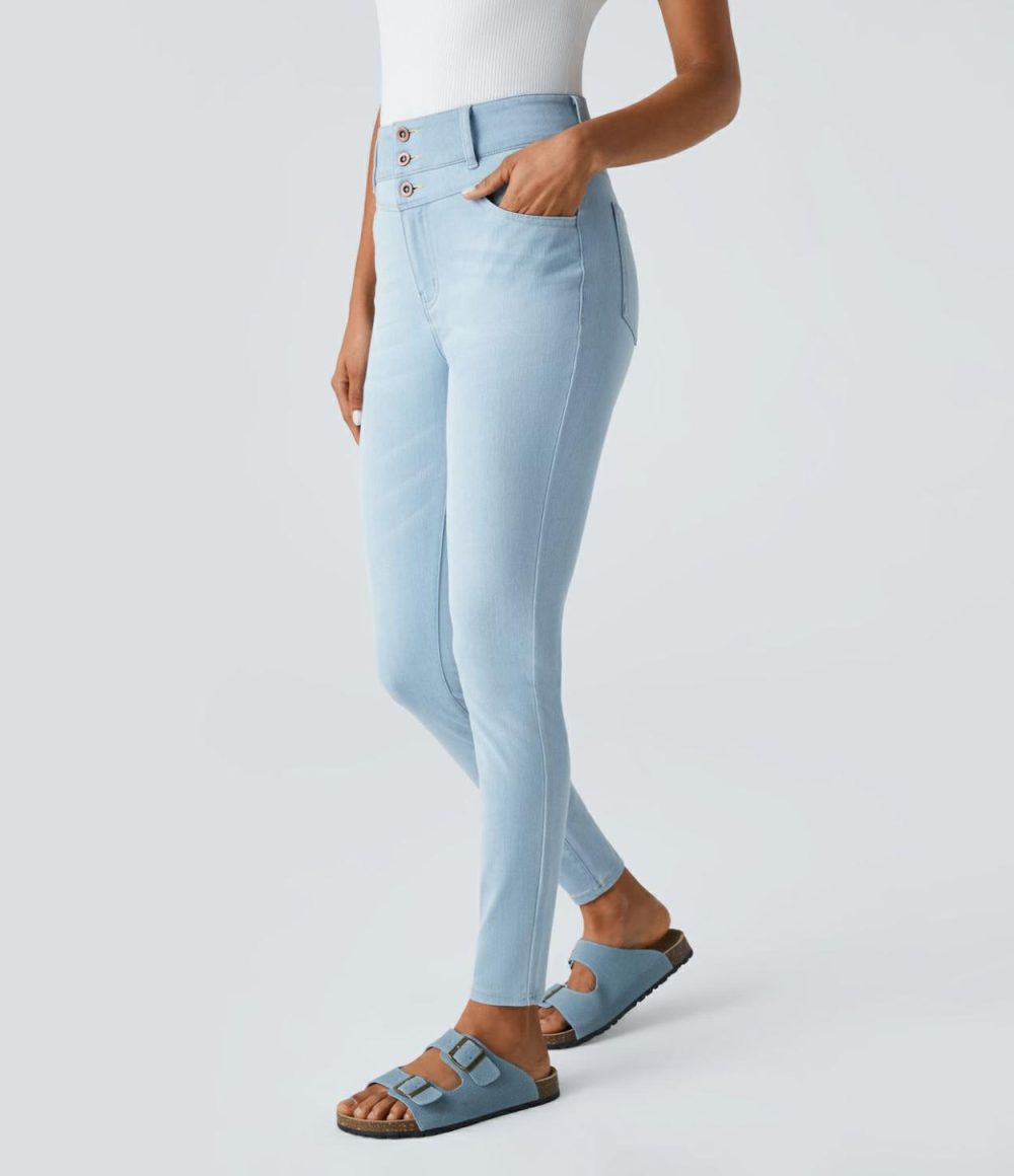 High Waisted Button Zipper Multiple Pockets Stretchy Knit Casual Skinny Jeans  | Womens  Denim Shorts Clothing Bright Blue Denim/Deep Well Blue Denim/Mayan Blue Denim/Dirty Grey Black Denim/Washed Denim Bleached Blue/Royal Blue Denim/Ice Layer Denim/Carbon Paint Denim/Washed Denim Sunny Blue