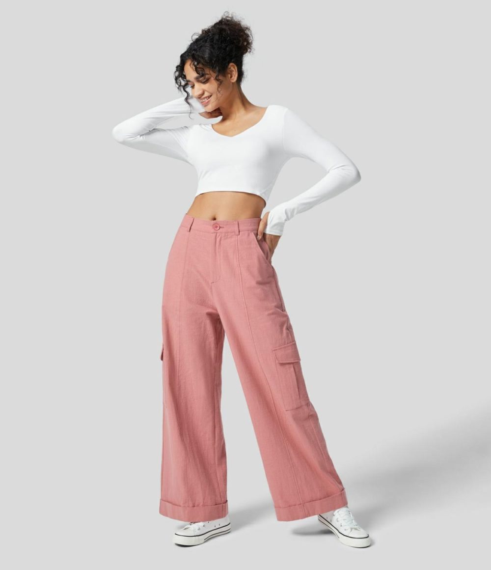 High Waisted Button Zipper Multiple Pockets Wide Leg Casual Linen-Feel Cargo Pants  | Womens  Cargo Pants Cargo Pants Black/Rosette