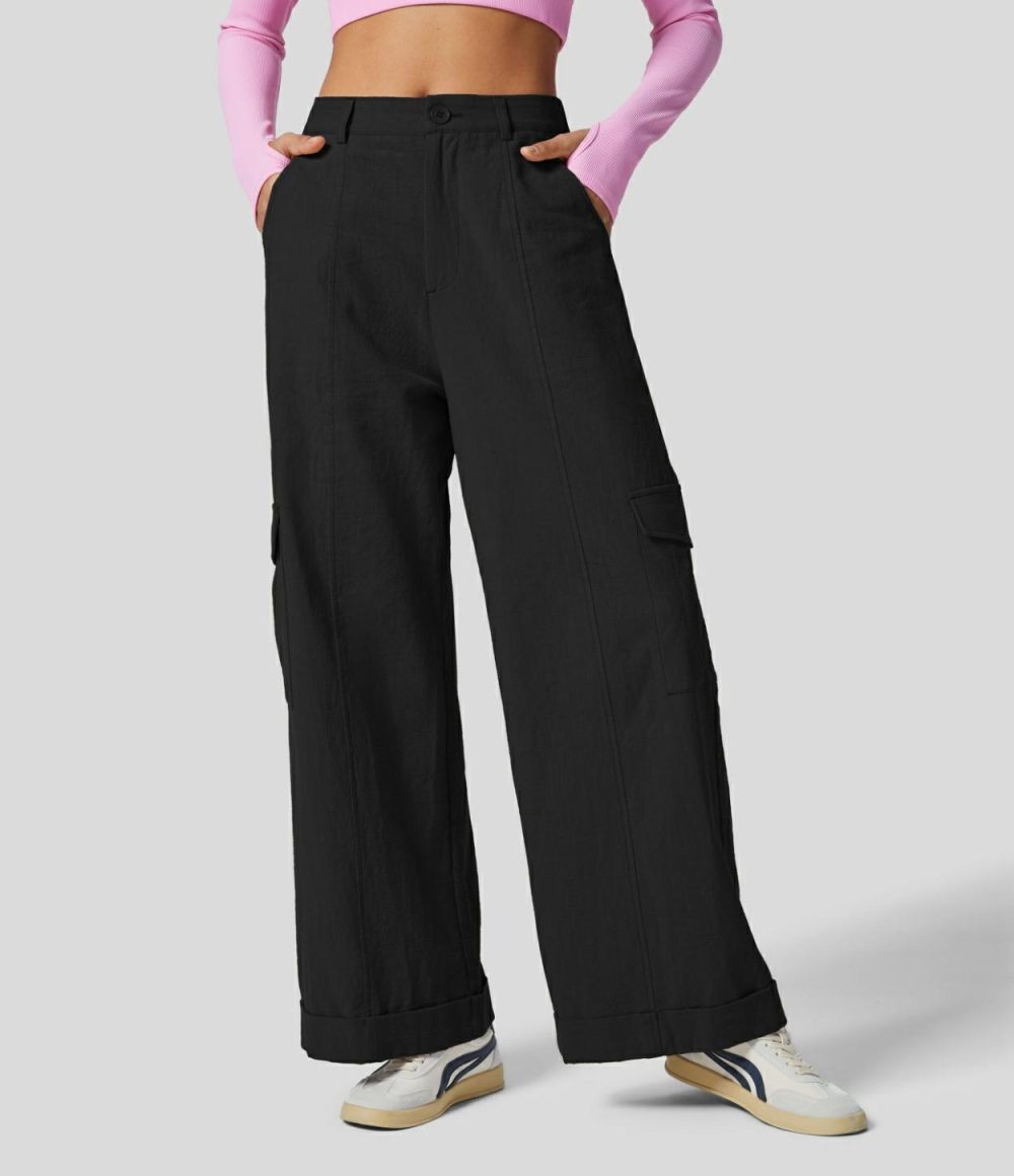 High Waisted Button Zipper Multiple Pockets Wide Leg Casual Linen-Feel Cargo Pants  | Womens  Cargo Pants Cargo Pants Black/Rosette