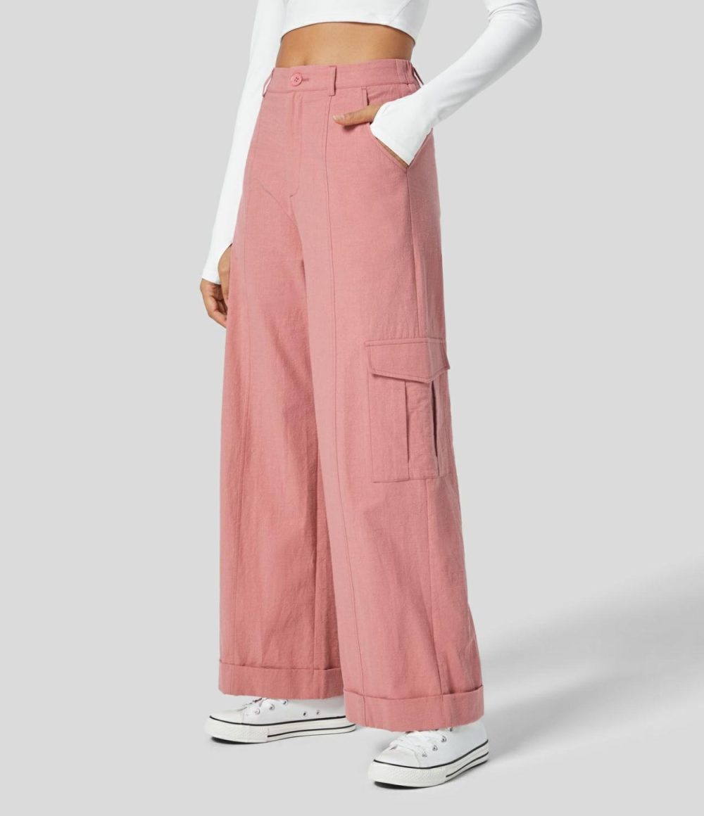 High Waisted Button Zipper Multiple Pockets Wide Leg Casual Linen-Feel Cargo Pants  | Womens  Cargo Pants Cargo Pants Black/Rosette