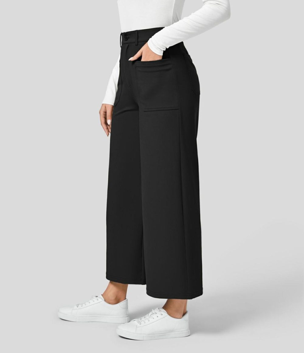 High Waisted Button Zipper Multiple Pockets Wide Leg Work Pants  | Womens  Active Work Pants Active Work Pants Active Work Pants