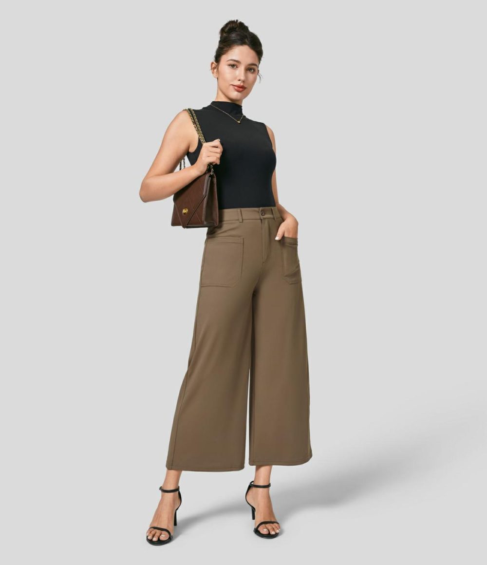 High Waisted Button Zipper Multiple Pockets Wide Leg Work Pants  | Womens  Active Work Pants Active Work Pants Active Work Pants