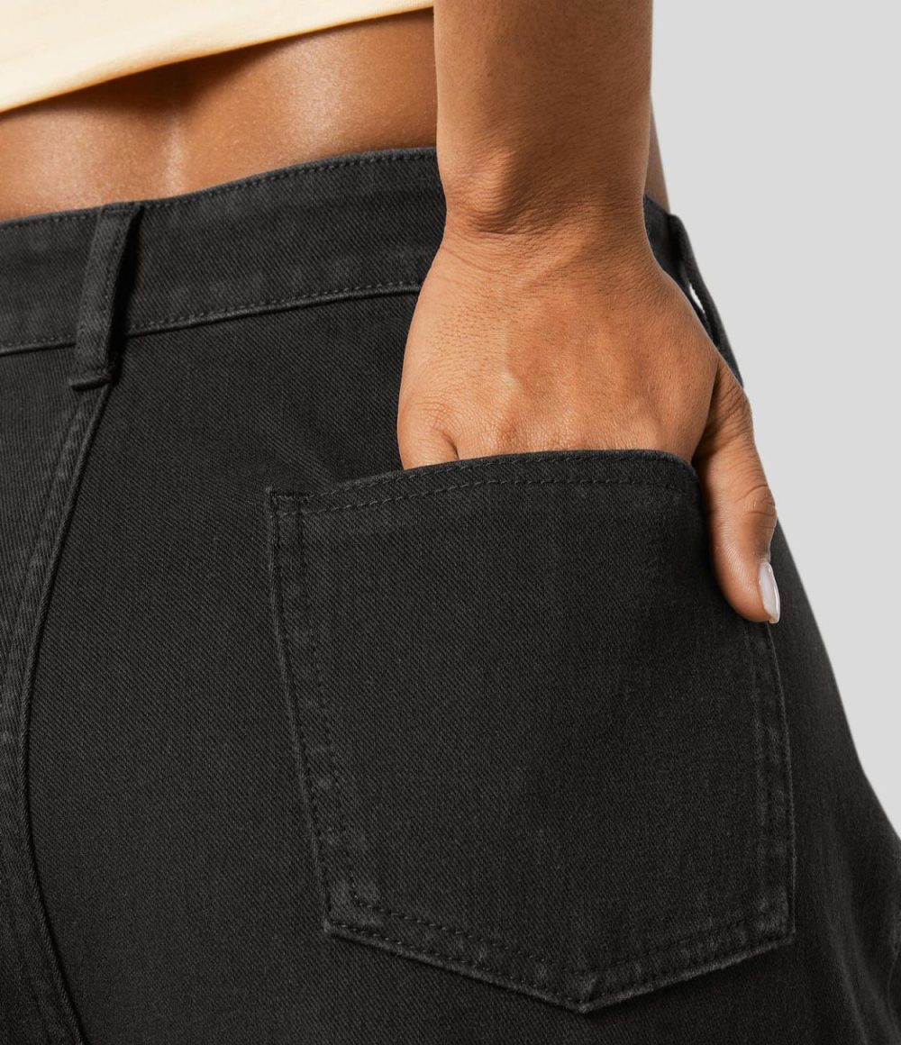 High Waisted Button Zipper Plicated Multiple Pockets Split Stretchy Knit Casual Wide Leg Full Length Jeans  | Womens  Denim Shorts Clothing Deep Blue Water Denim/Deep Black Denim