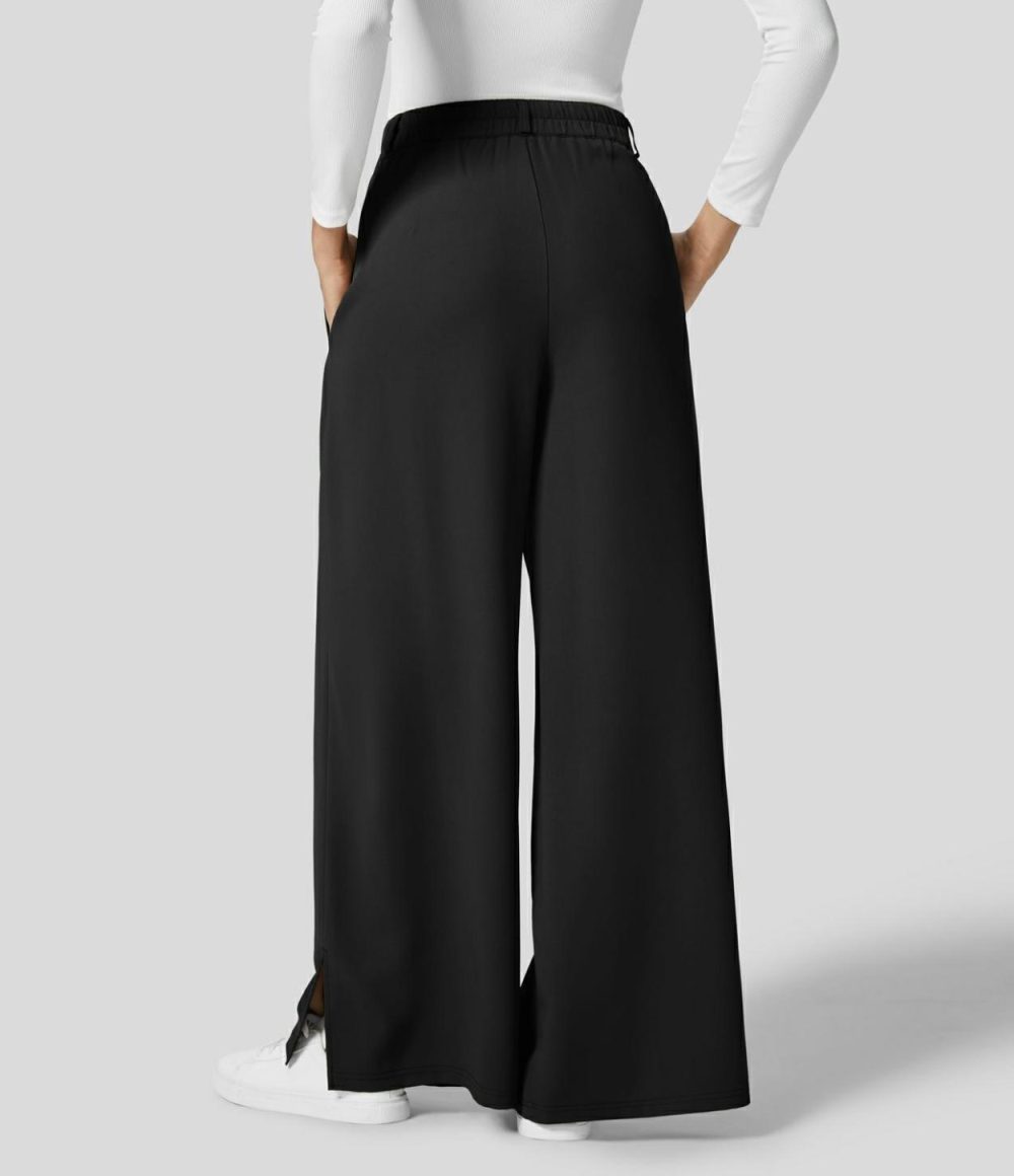 High Waisted Button Zipper Plicated Side Pocket Split Hem Wide Leg Work Pants  | Womens  Active Work Pants Active Work Pants Active Work Pants