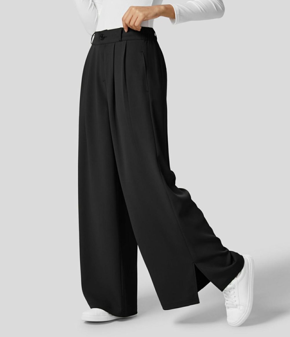 High Waisted Button Zipper Plicated Side Pocket Split Hem Wide Leg Work Pants  | Womens  Active Work Pants Active Work Pants Active Work Pants