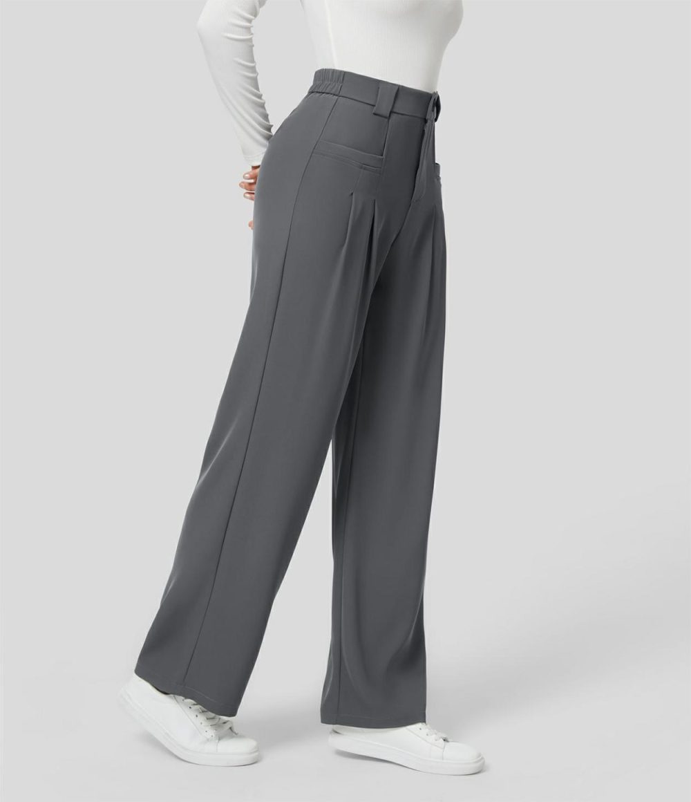 High Waisted Button Zipper Plicated Side Pocket Straight Leg Work Pants  | Womens  Active Work Pants Active Work Pants Active Work Pants