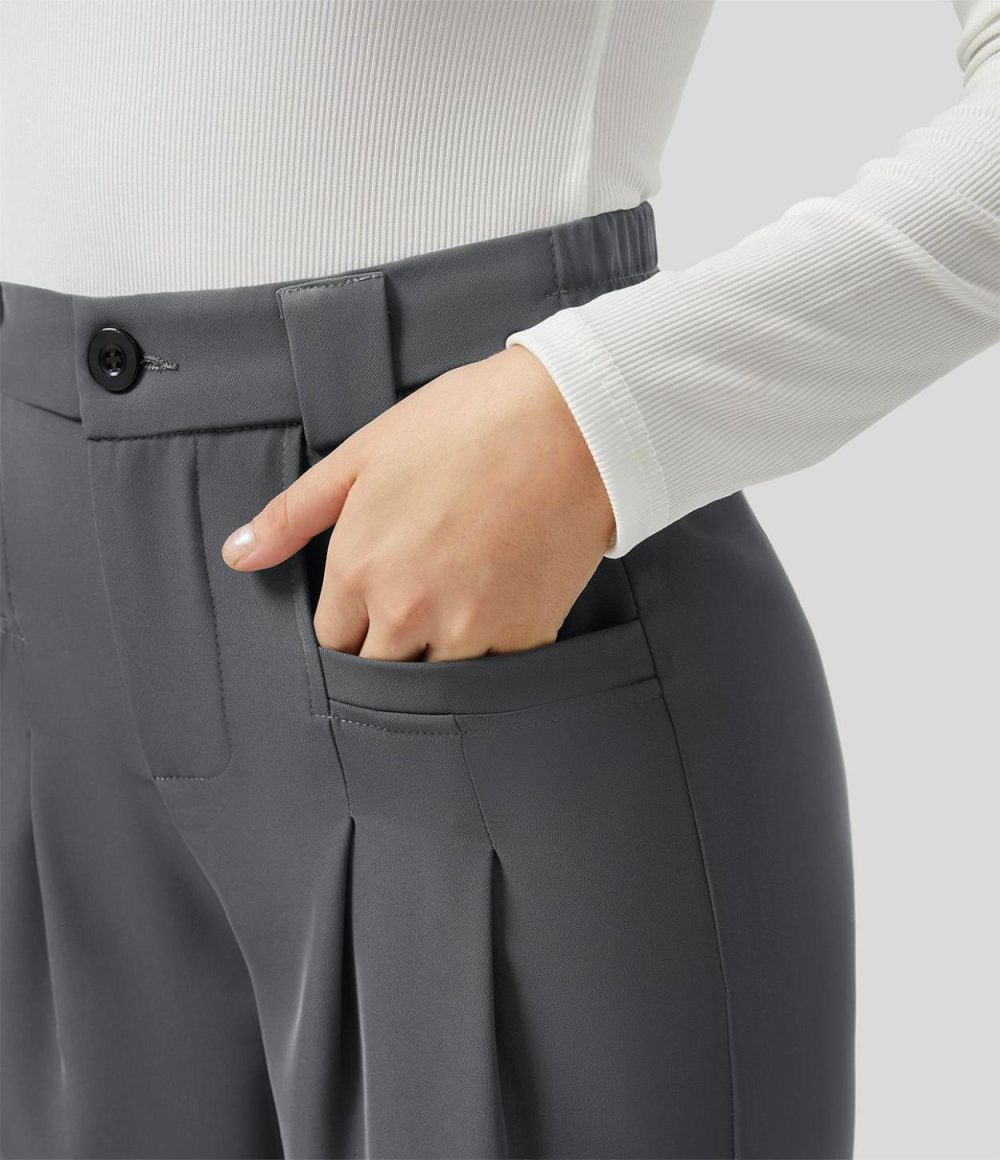 High Waisted Button Zipper Plicated Side Pocket Straight Leg Work Pants  | Womens  Active Work Pants Active Work Pants Active Work Pants