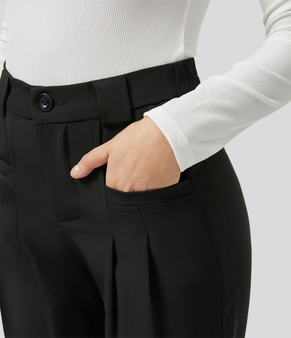 High Waisted Button Zipper Plicated Side Pocket Straight Leg Work Pants  | Womens  Active Work Pants Active Work Pants Active Work Pants