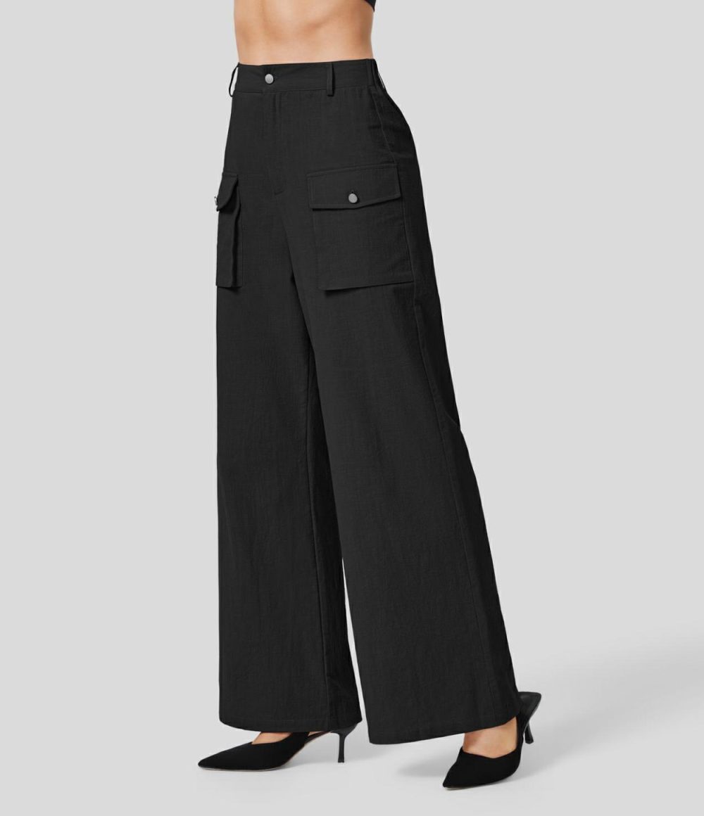 High Waisted Button Zipper Side Flap Cargo Pocket Wide Leg Casual Linen-Feel Pants  | Womens  Cargo Pants Cargo Pants Black/Rosette