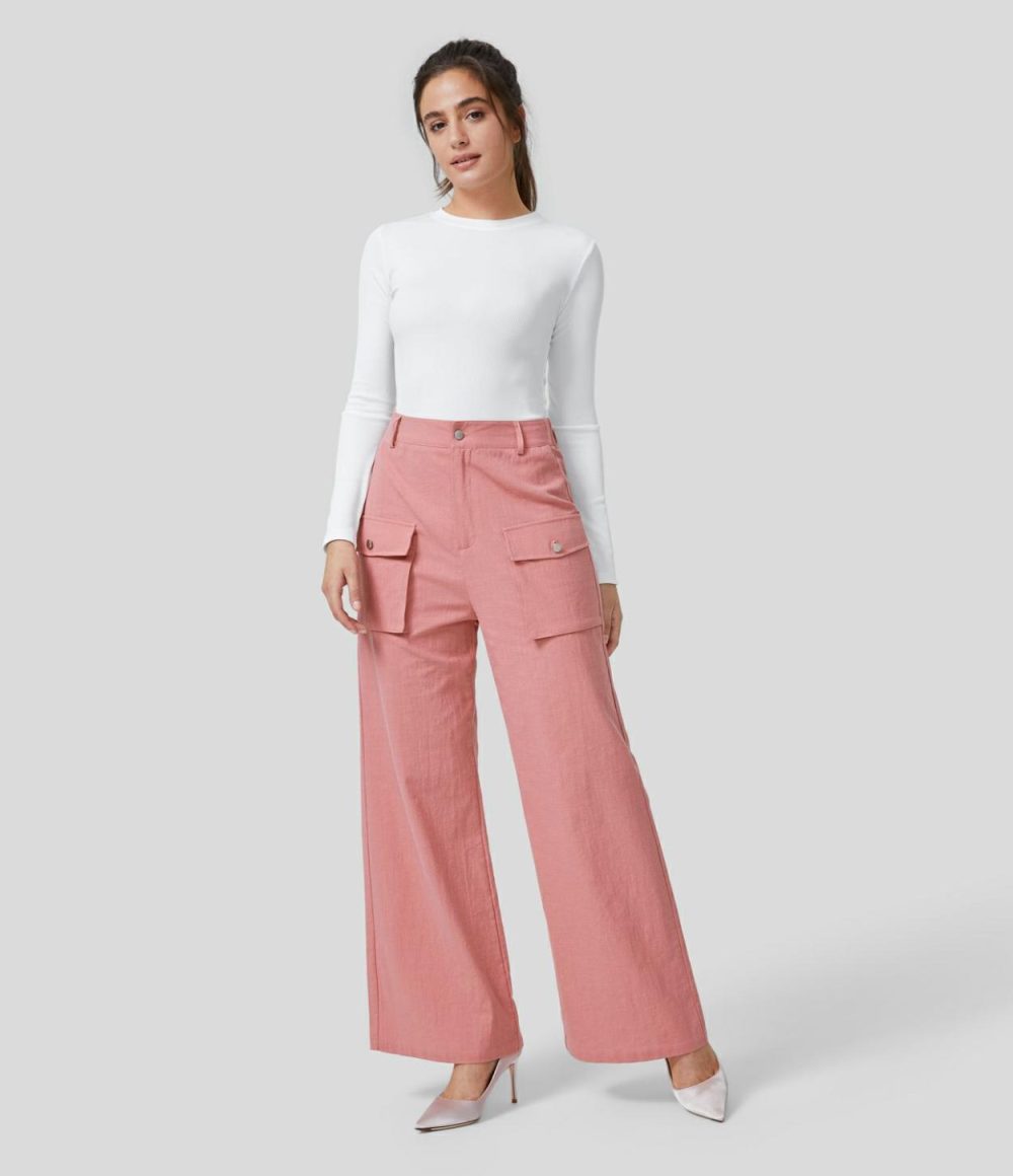 High Waisted Button Zipper Side Flap Cargo Pocket Wide Leg Casual Linen-Feel Pants  | Womens  Cargo Pants Cargo Pants Black/Rosette