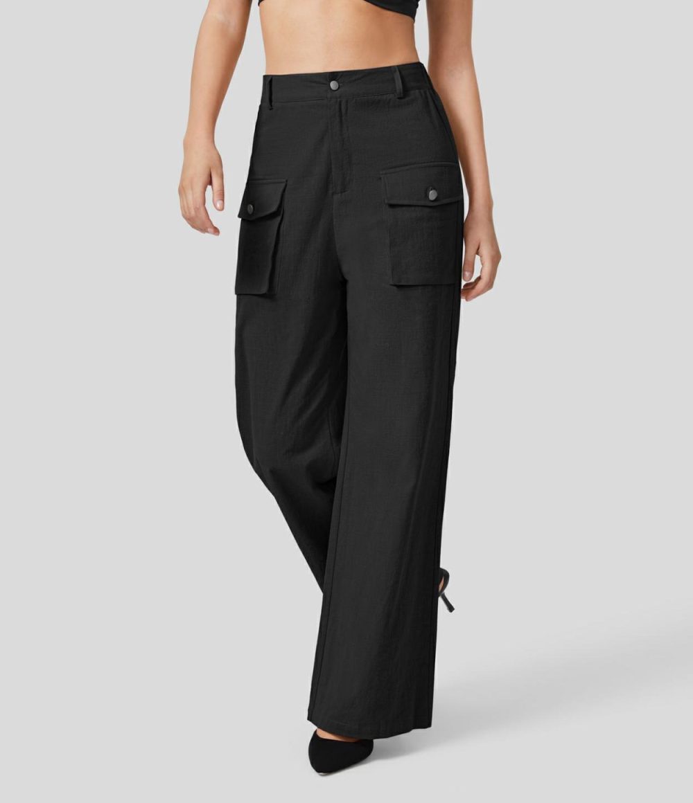 High Waisted Button Zipper Side Flap Cargo Pocket Wide Leg Casual Linen-Feel Pants  | Womens  Cargo Pants Cargo Pants Black/Rosette