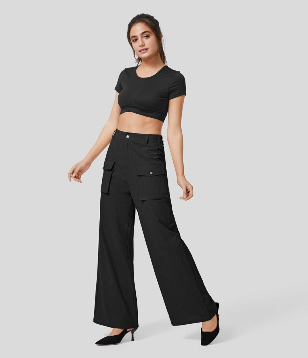 High Waisted Button Zipper Side Flap Cargo Pocket Wide Leg Casual Linen-Feel Pants  | Womens  Cargo Pants Cargo Pants Black/Rosette