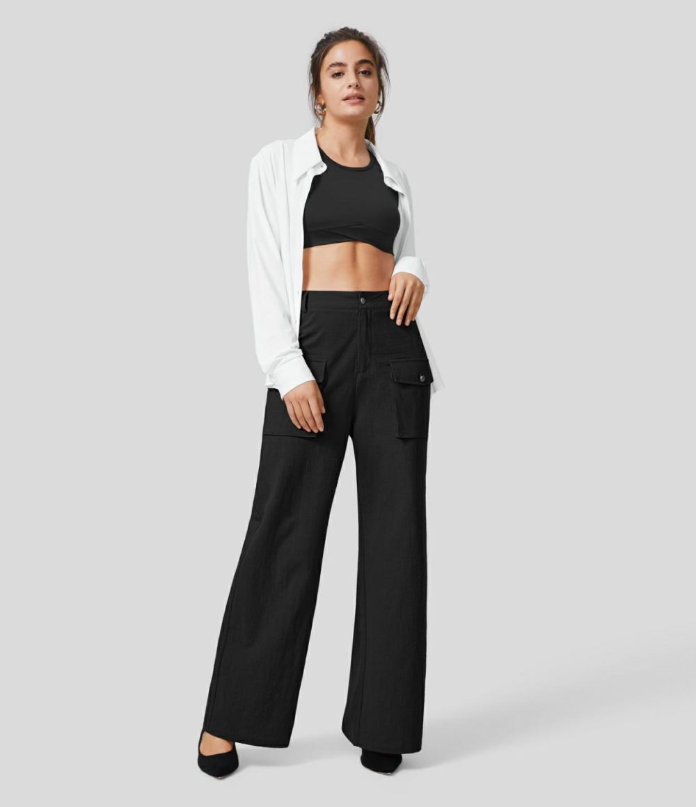 High Waisted Button Zipper Side Flap Cargo Pocket Wide Leg Casual Linen-Feel Pants  | Womens  Cargo Pants Cargo Pants Black/Rosette