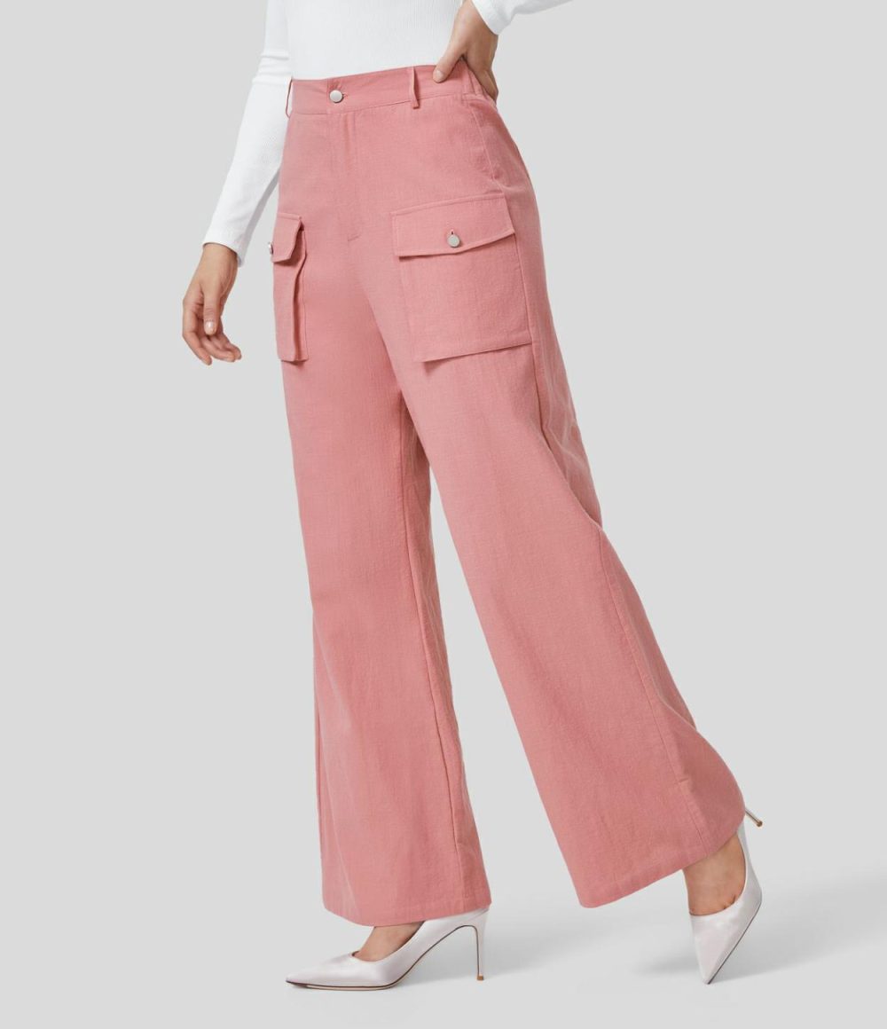 High Waisted Button Zipper Side Flap Cargo Pocket Wide Leg Casual Linen-Feel Pants  | Womens  Cargo Pants Cargo Pants Black/Rosette