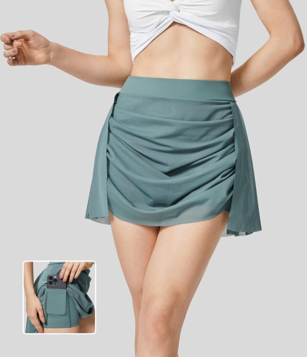 High Waisted Contrast Mesh Ruched 2-in-1 Side Pocket Mini Dance Skirt  | Womens  Mini Skirts Clothing Mini Skirts