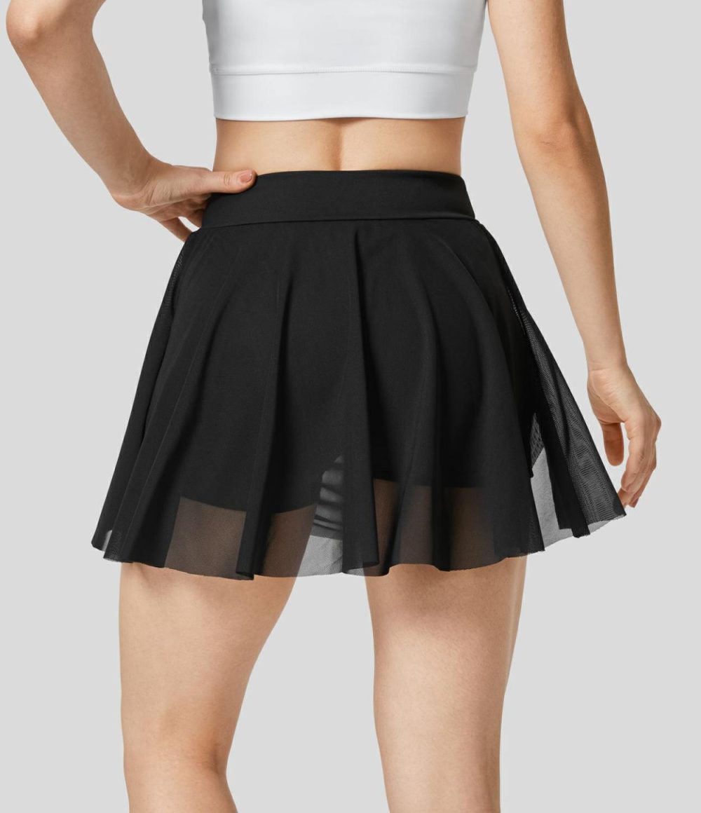 High Waisted Contrast Mesh Ruched 2-in-1 Side Pocket Mini Dance Skirt  | Womens  Mini Skirts Clothing Mini Skirts