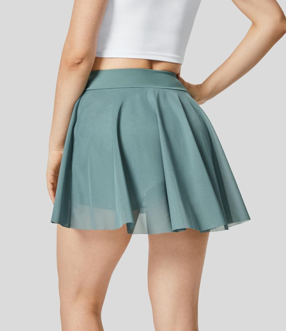 High Waisted Contrast Mesh Ruched 2-in-1 Side Pocket Mini Dance Skirt  | Womens  Mini Skirts Clothing Mini Skirts