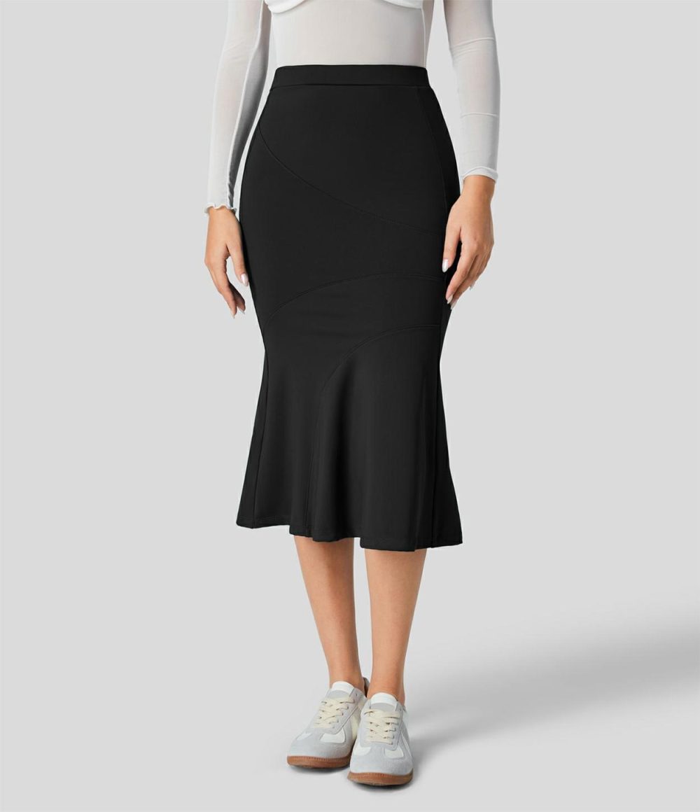 High Waisted Contrast Midi Work Mermaid Skirt  | Womens  Commuting Skirts Clothing Black/Atlantic Deep