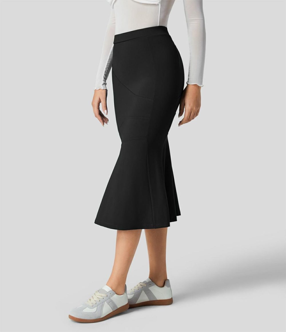 High Waisted Contrast Midi Work Mermaid Skirt  | Womens  Commuting Skirts Clothing Black/Atlantic Deep