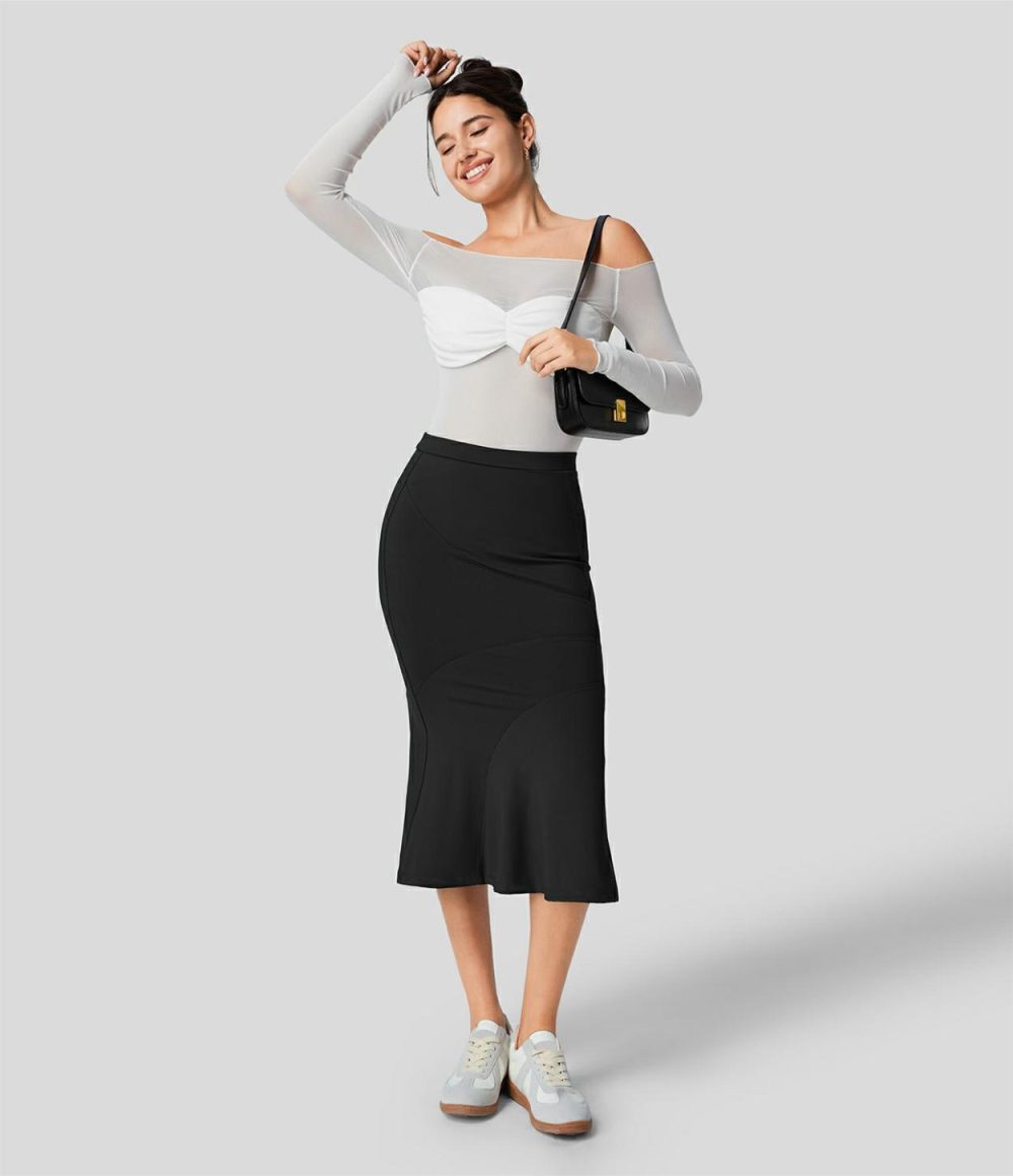 High Waisted Contrast Midi Work Mermaid Skirt  | Womens  Commuting Skirts Clothing Black/Atlantic Deep