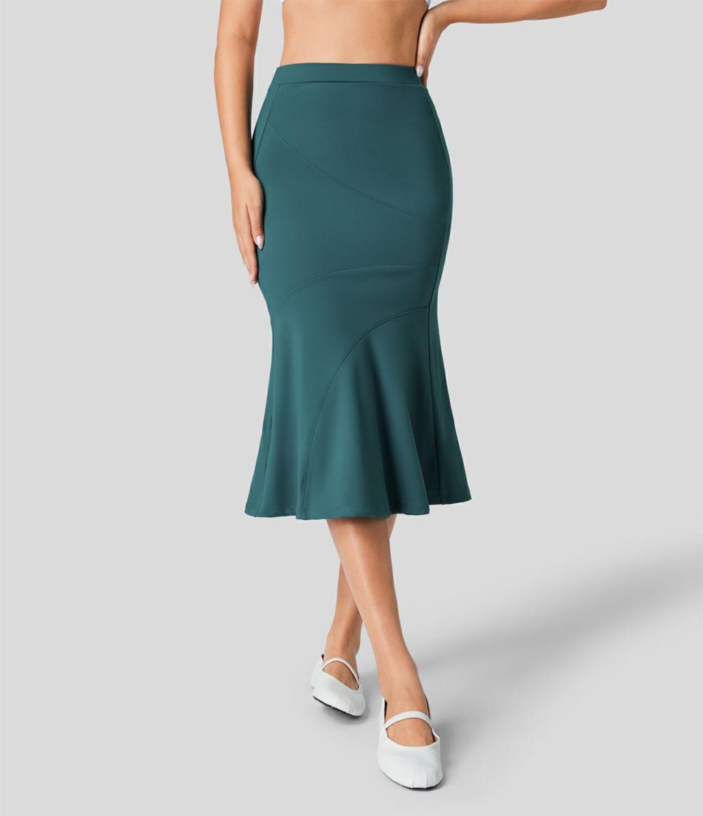 High Waisted Contrast Midi Work Mermaid Skirt  | Womens  Commuting Skirts Clothing Black/Atlantic Deep