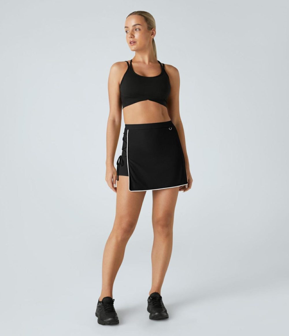 High Waisted Contrast Trim Lace Up 2-in-1 Side Pocket Mini Cool Touch Tennis Skirt  | Womens  Mini Skirts Clothing Mini Skirts