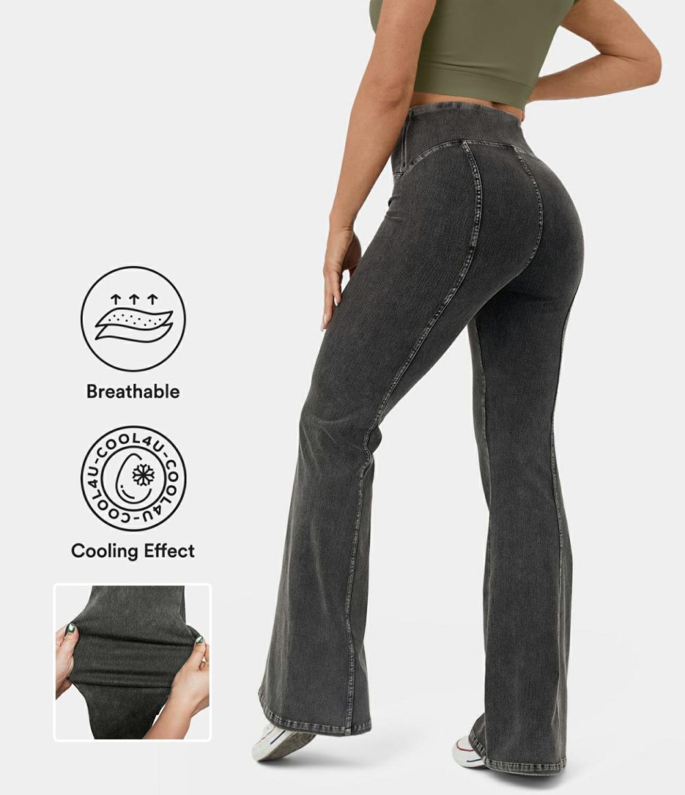 High Waisted Cool Touch Breathable Washed Stretchy Knit Casual Flare Jeans  | Womens  Jeans Clothing Coal Black Denim/Ocean Blue Denim