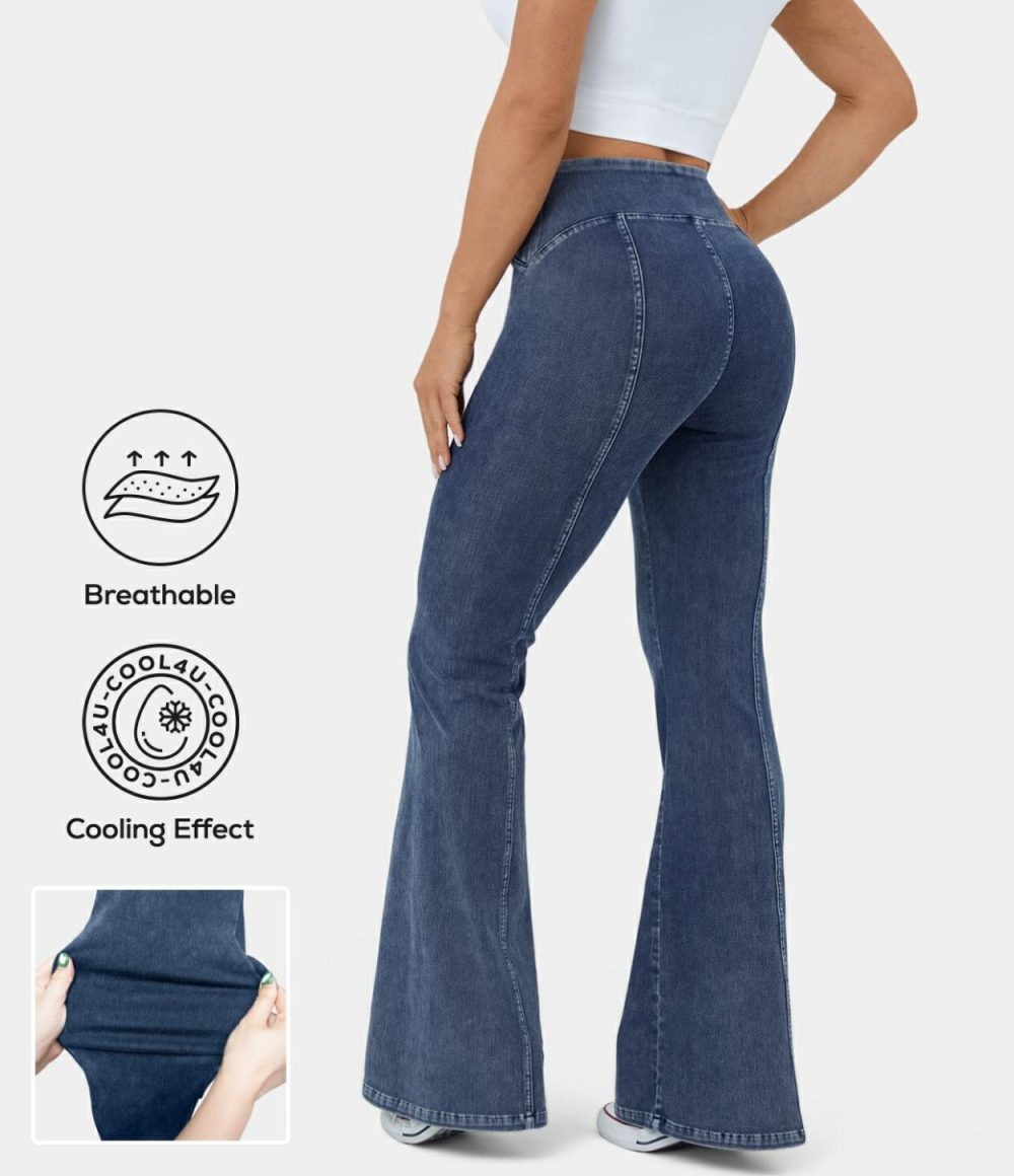 High Waisted Cool Touch Breathable Washed Stretchy Knit Casual Flare Jeans  | Womens  Jeans Clothing Coal Black Denim/Ocean Blue Denim