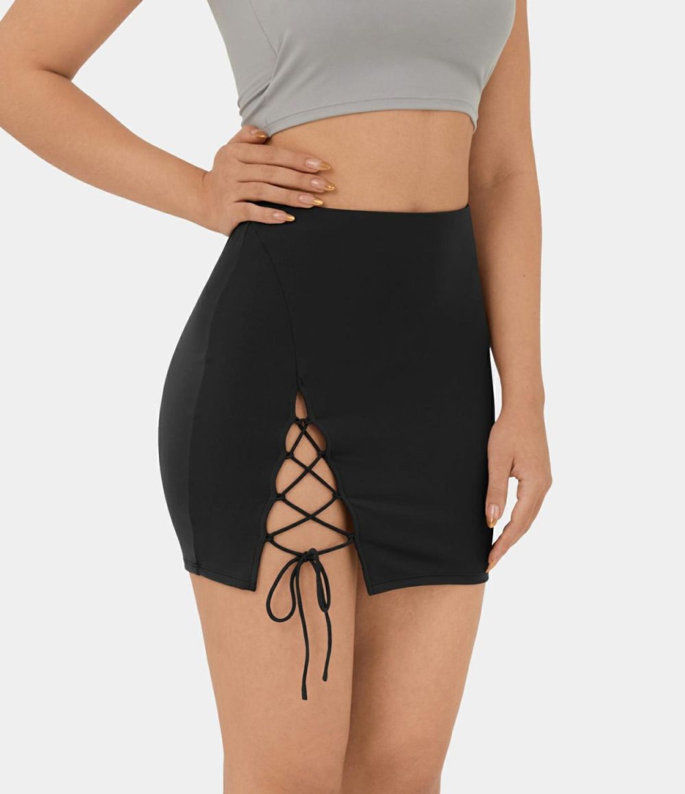 High Waisted Crisscross Lace Up Bodycon Mini Casual Skirt  | Womens  Mini Skirts Clothing Fig/Black