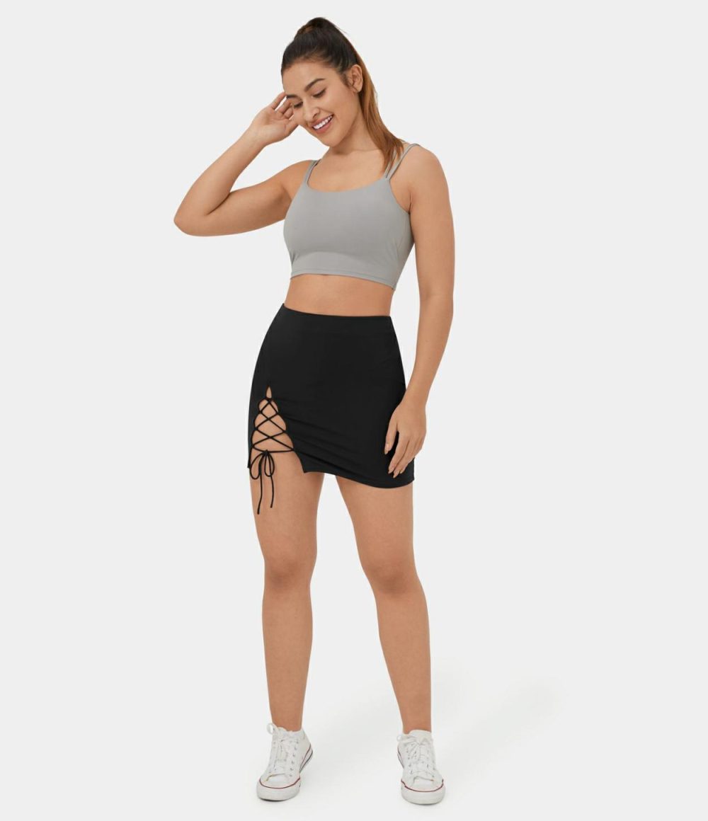 High Waisted Crisscross Lace Up Bodycon Mini Casual Skirt  | Womens  Mini Skirts Clothing Fig/Black