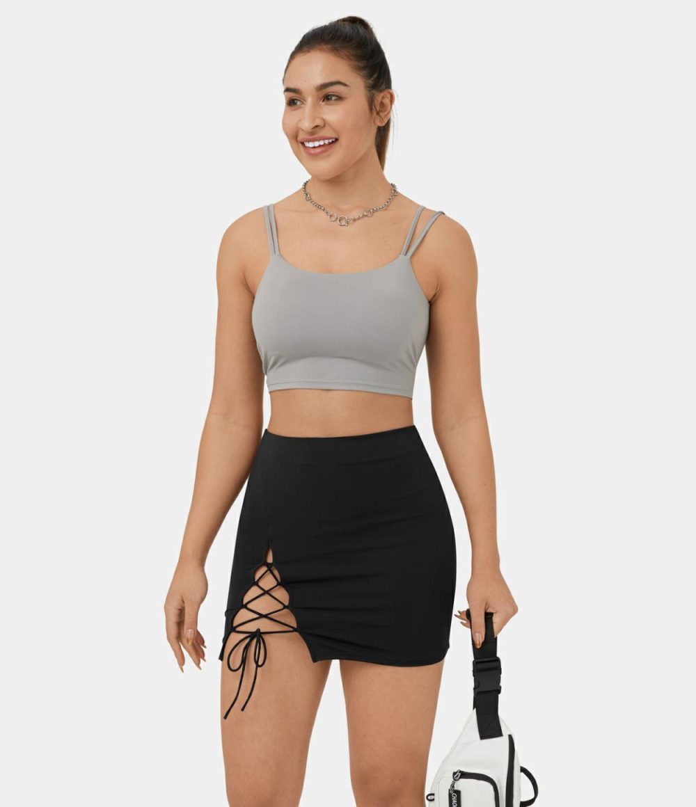 High Waisted Crisscross Lace Up Bodycon Mini Casual Skirt  | Womens  Mini Skirts Clothing Fig/Black