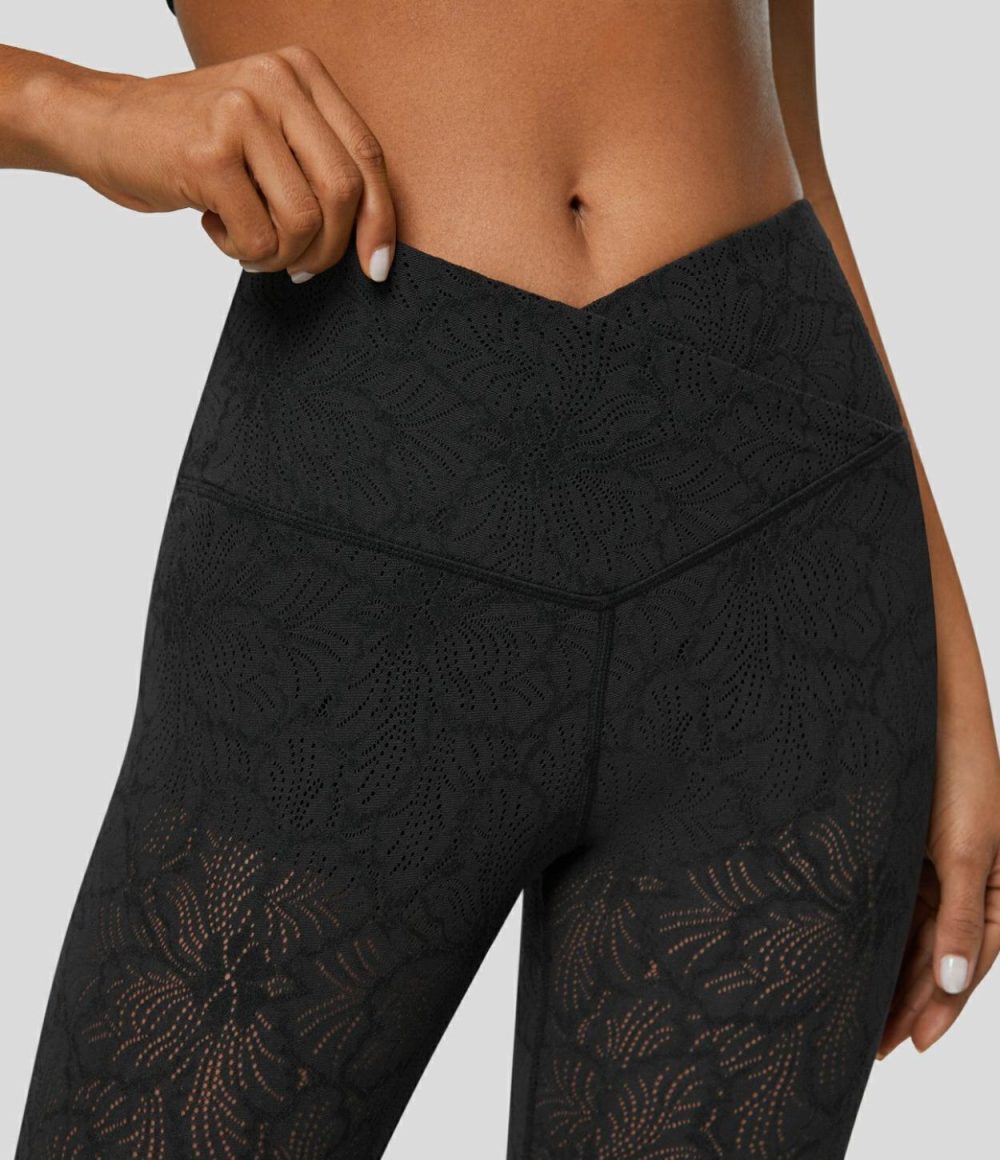 High Waisted Crossover 2-in-1 7/8 Lace Casual Leggings  | Womens  Crossover Leggings Clothing Crossover Leggings