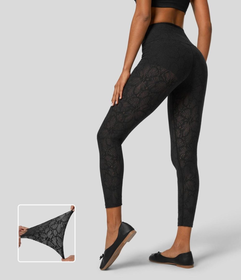 High Waisted Crossover 2-in-1 7/8 Lace Casual Leggings  | Womens  Crossover Leggings Clothing Crossover Leggings