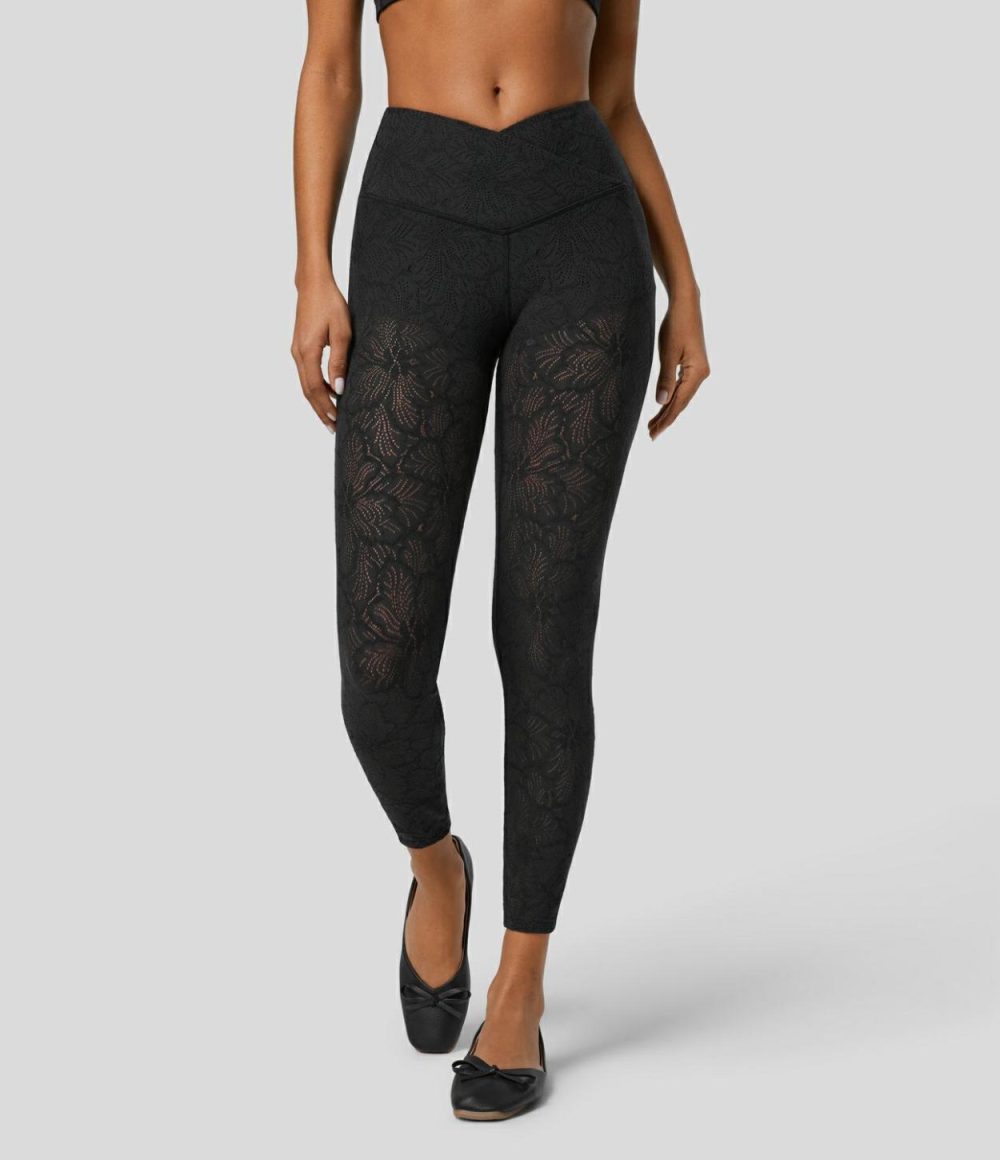 High Waisted Crossover 2-in-1 7/8 Lace Casual Leggings  | Womens  Crossover Leggings Clothing Crossover Leggings