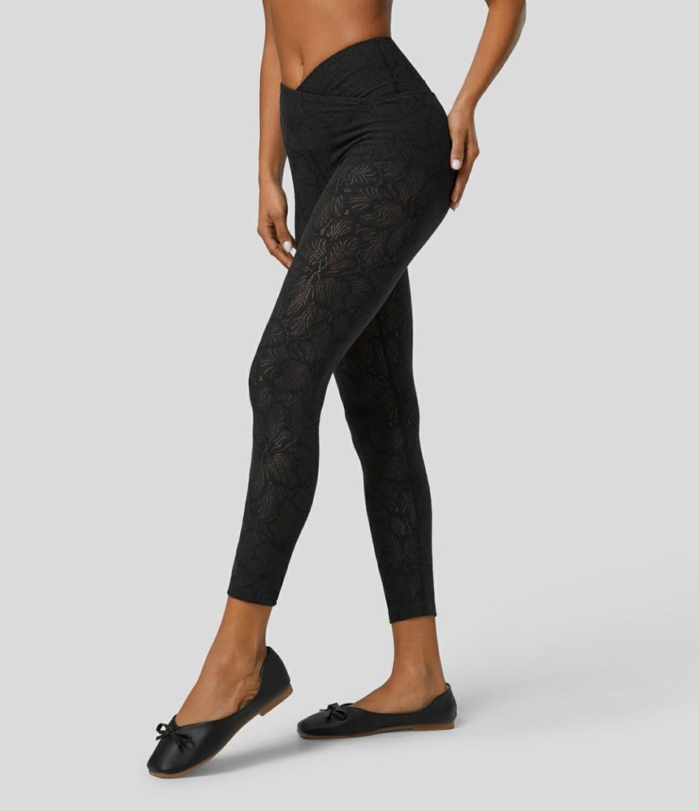 High Waisted Crossover 2-in-1 7/8 Lace Casual Leggings  | Womens  Crossover Leggings Clothing Crossover Leggings